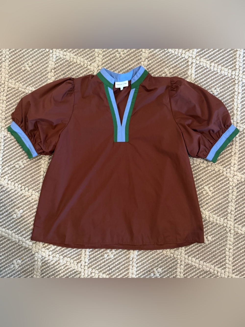 Entro Brown Puff-Sleeve Top with Green & Blue Trim